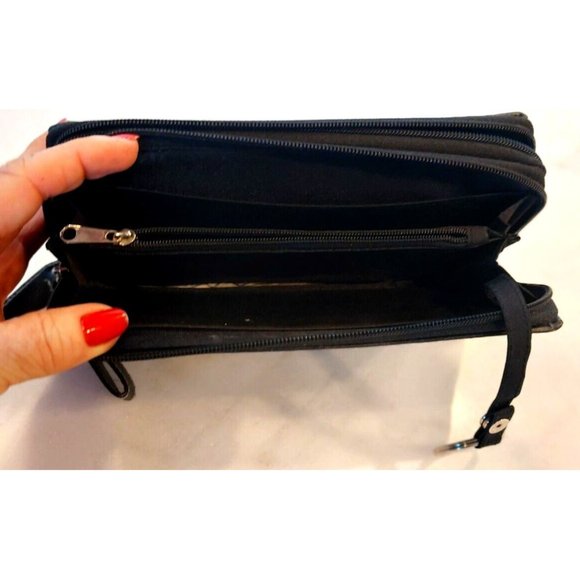 Womens Billfold Wallet Black Floral Unbranded Vinyl Zipper 4"X8" Multi-Sections - Picture 4 of 8